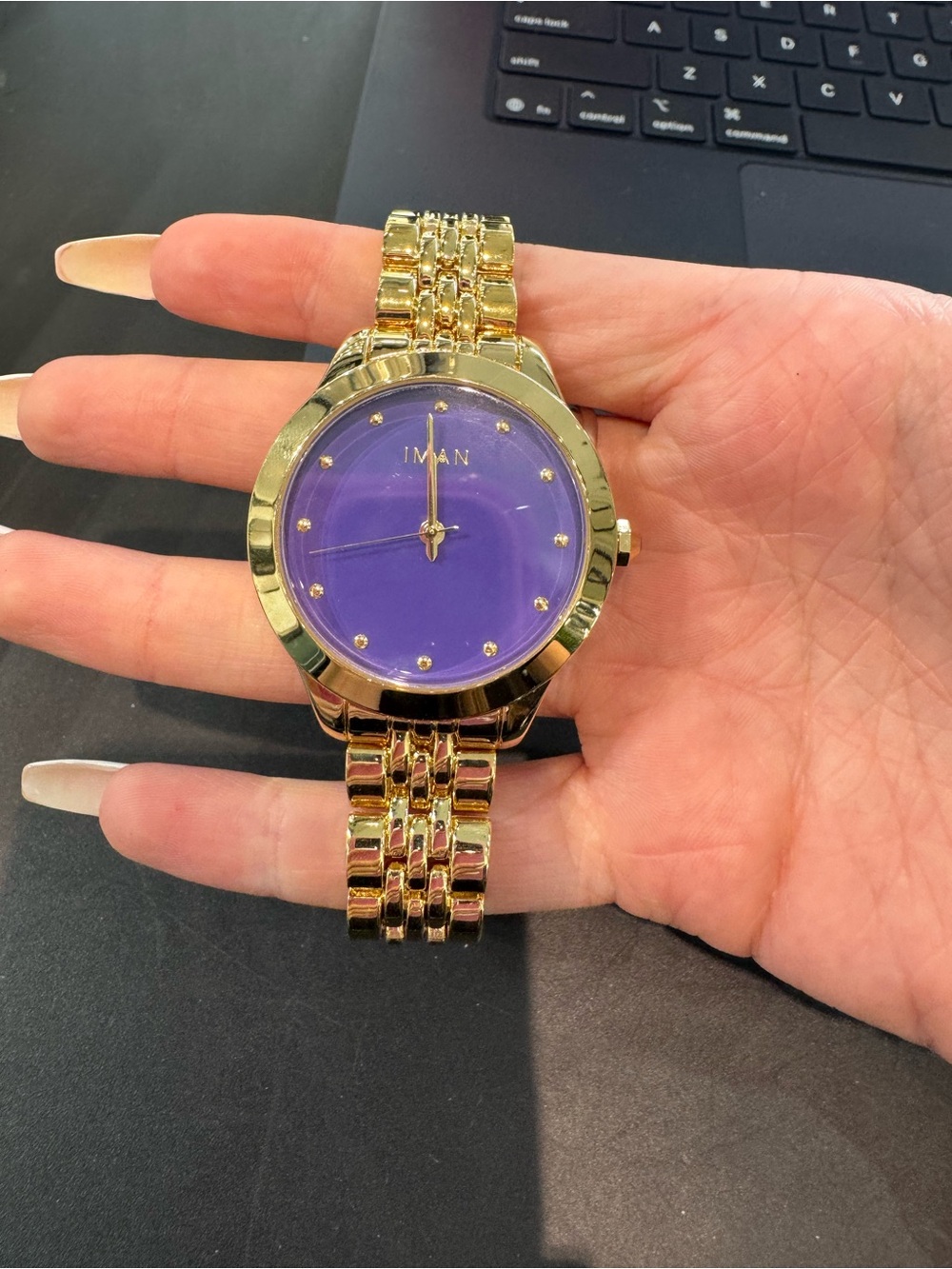 New IMAN Global Chic Gold-Tone Minimalist Purple Dial Bracelet Watch